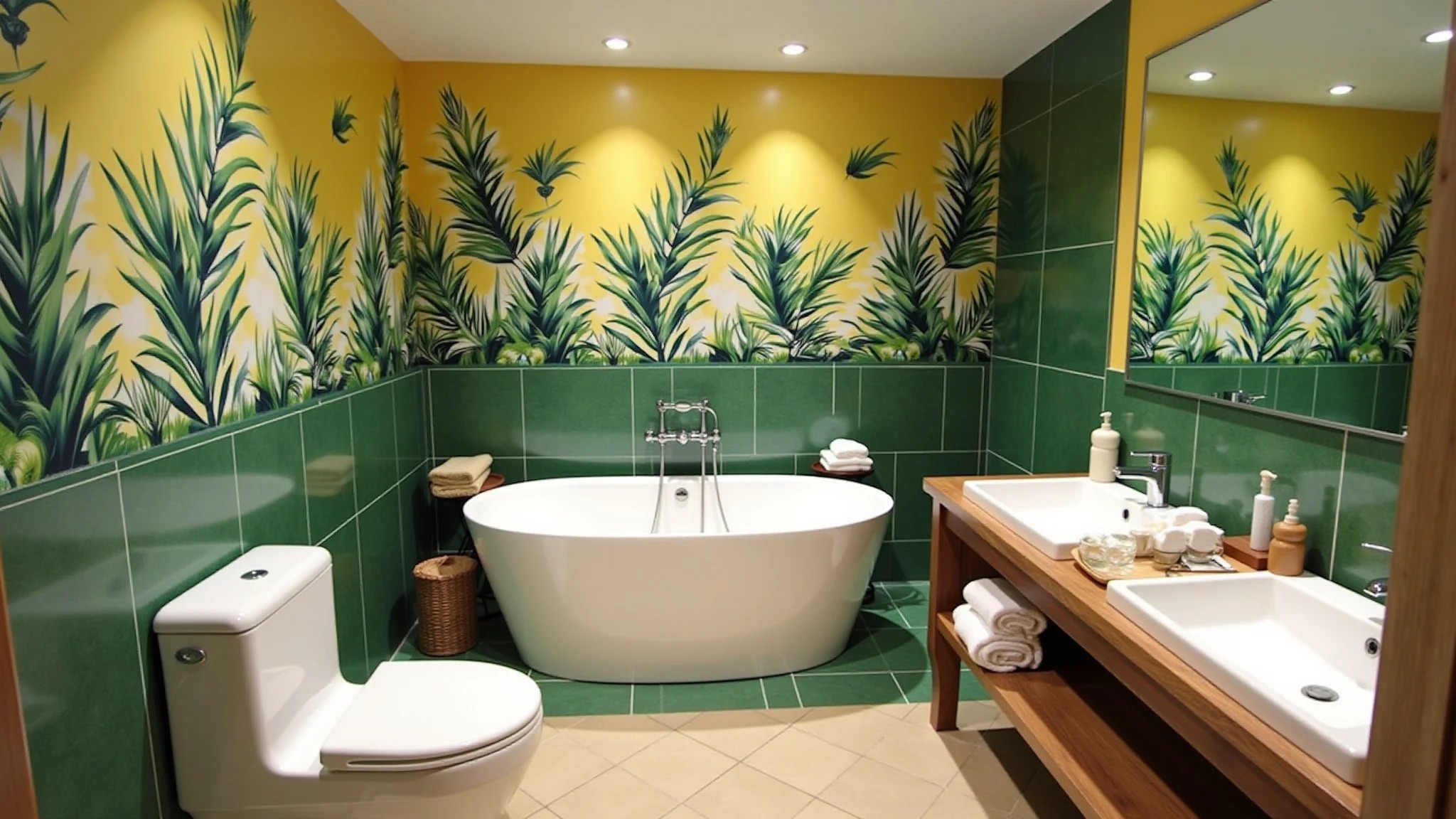 Banheiro em estilo tropical com papel de parede lavável de folhagens.