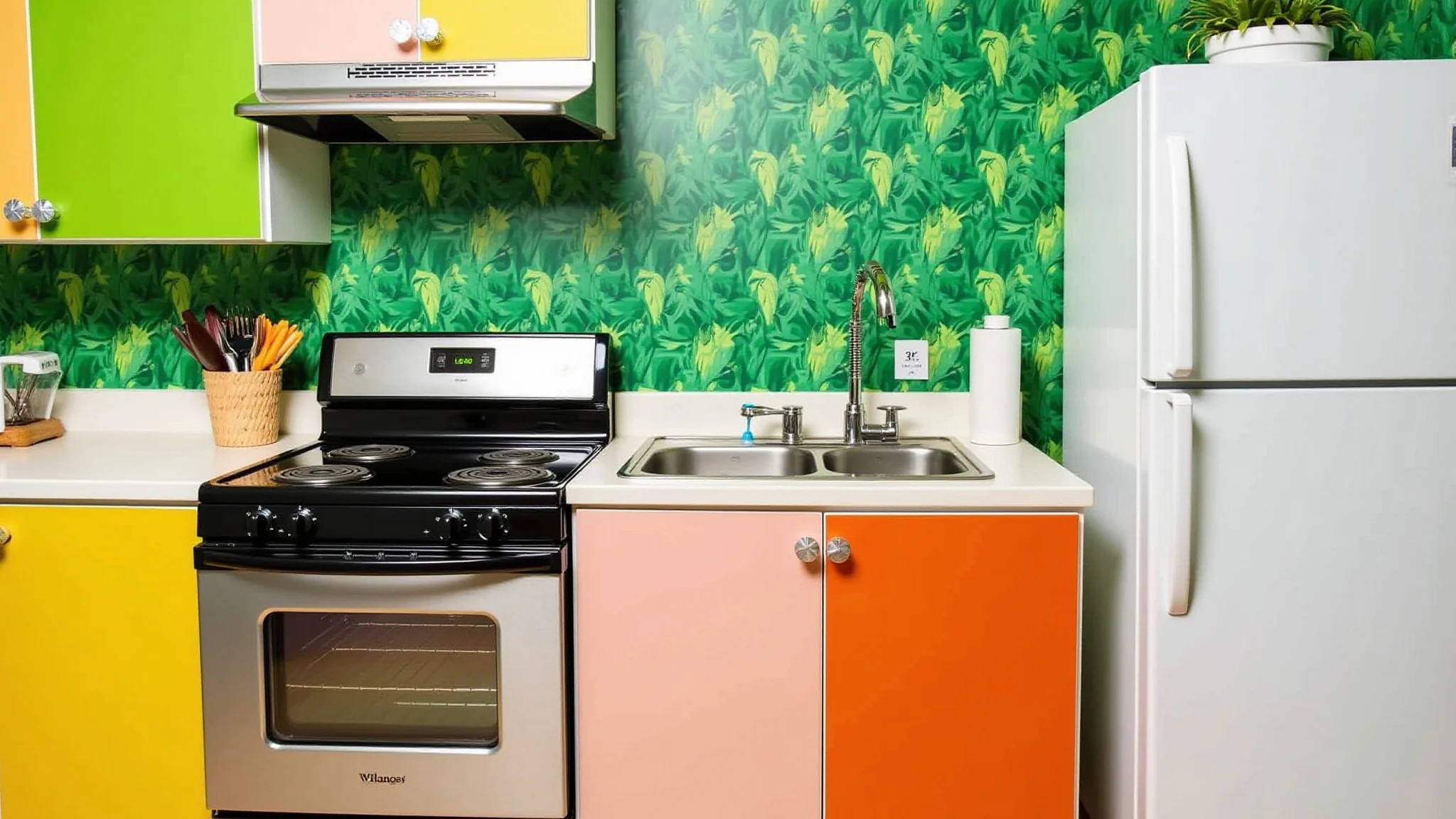 Cozinha tropical com papel de parede verde com folhas de palmeira.