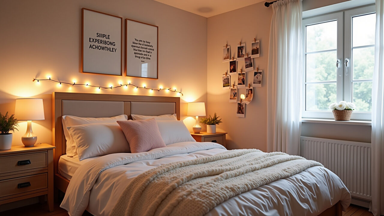 Quarto feminino estilo Tumblr com luzes e decoração inspiradora.