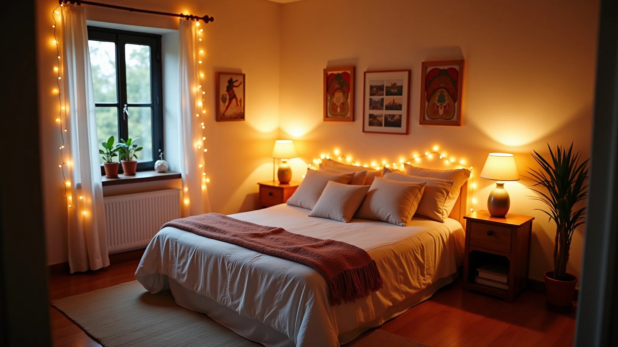 Quarto Tumblr com luzes de fada, decoração brasileira aconchegante e iluminação natural.