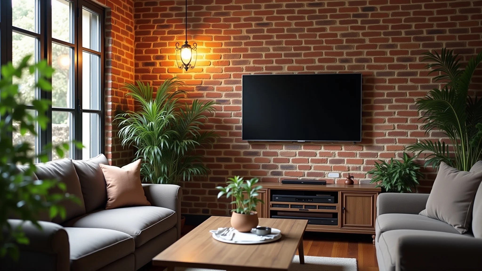 Sala de TV em estilo rústico com parede de tijolos, sofá confortável e decoração brasileira.
