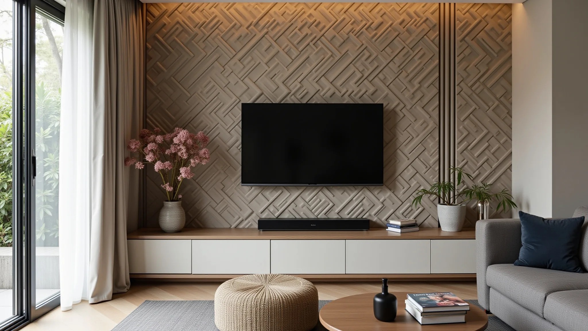 Sala de TV com papel de parede 3D que cria profundidade e assentos confortáveis.