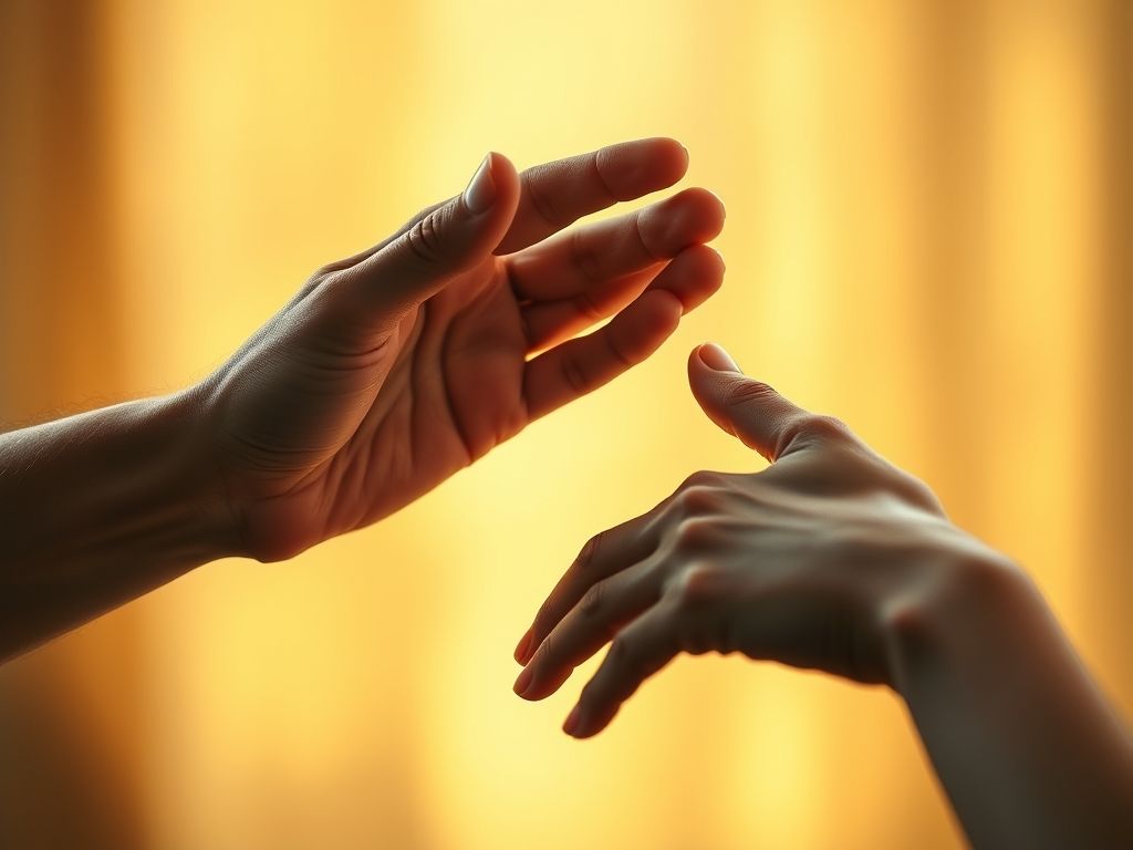 Duas mãos se alcançando, simbolizando apoio e ajuda mútua.