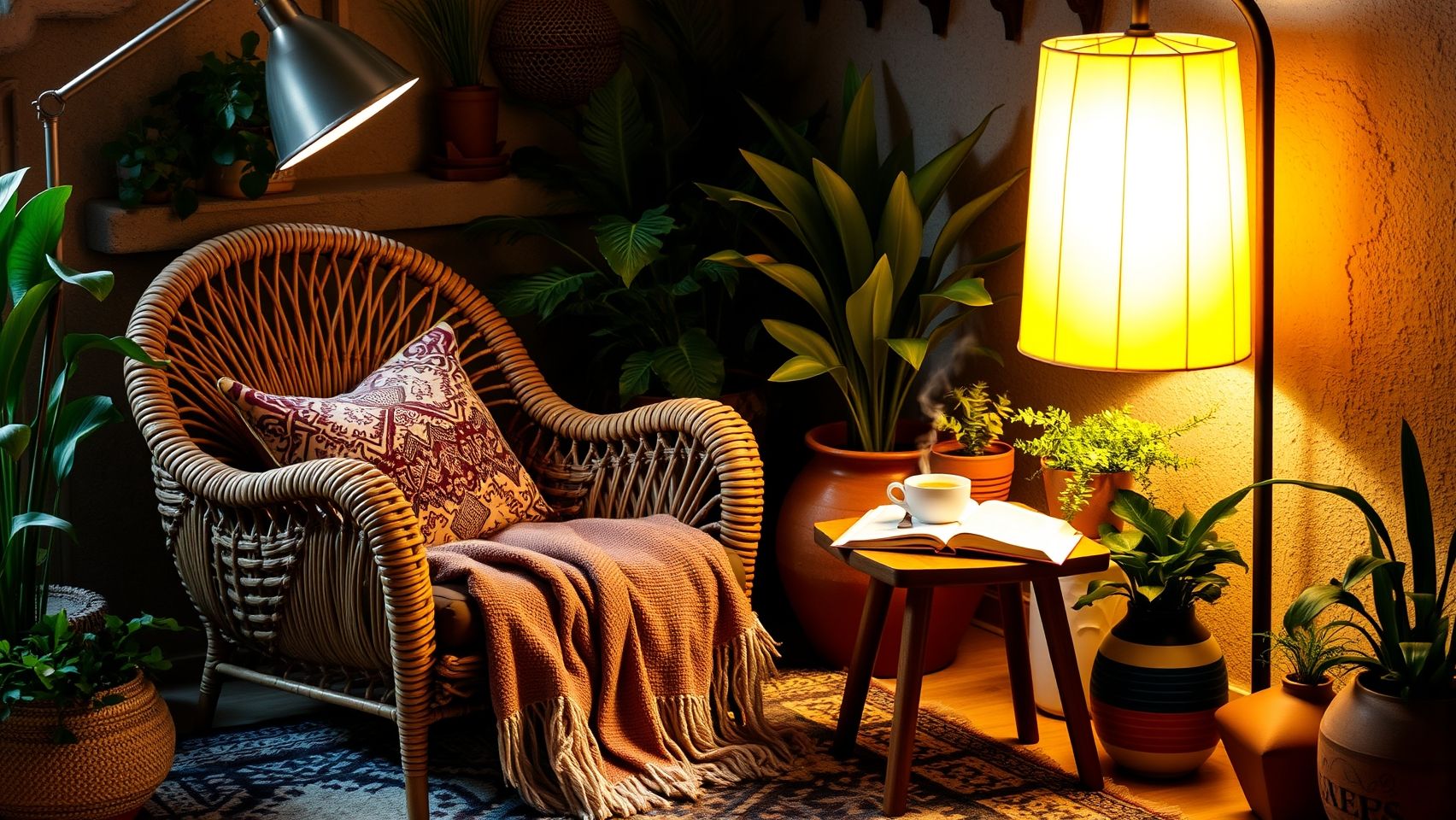 Canto de leitura boho chic com poltrona de vime e iluminação aconchegante