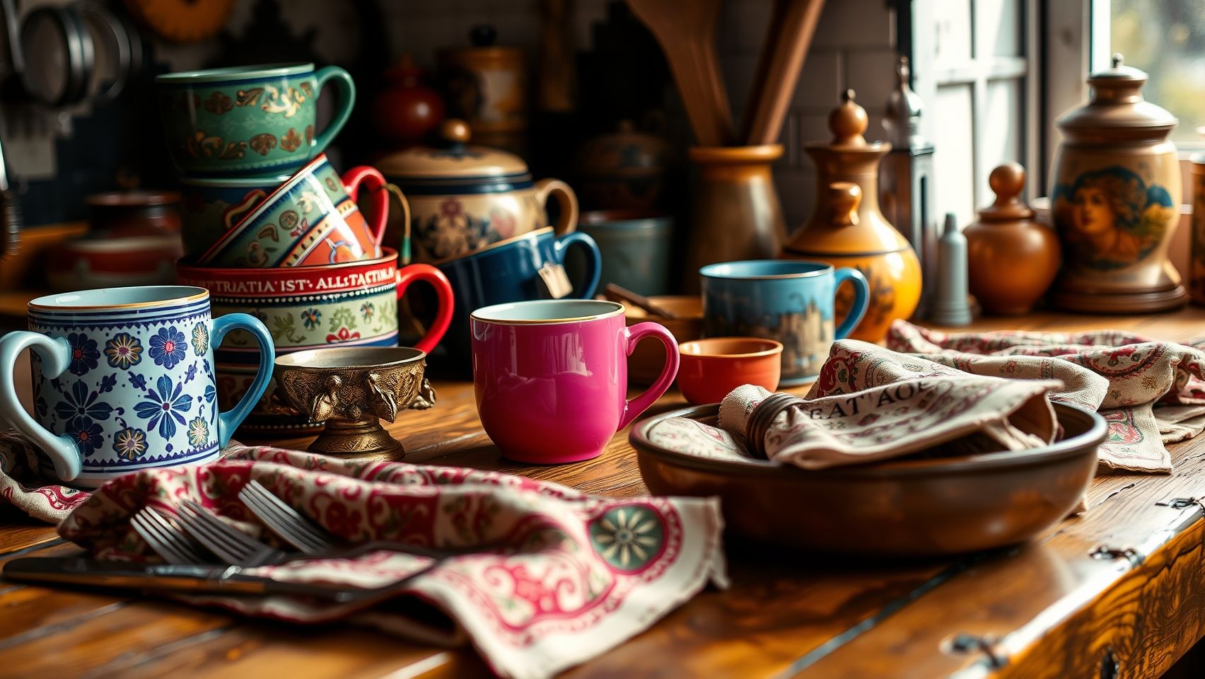 Detalhes boêmios na decoração da cozinha: louças coloridas, talheres vintage e artesanato local. Inspiração para decoração boêmia de cozinha.