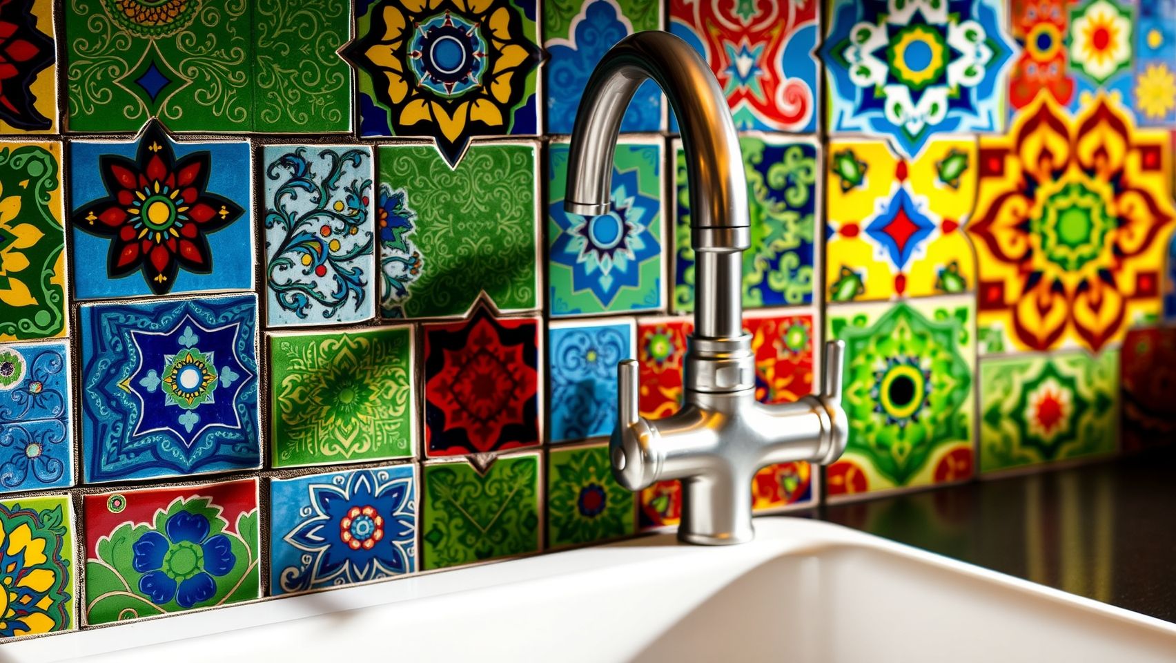 Backsplash boêmio com azulejos coloridos e vibrantes para cozinha. Ideias criativas para decoração de cozinha boêmia.
