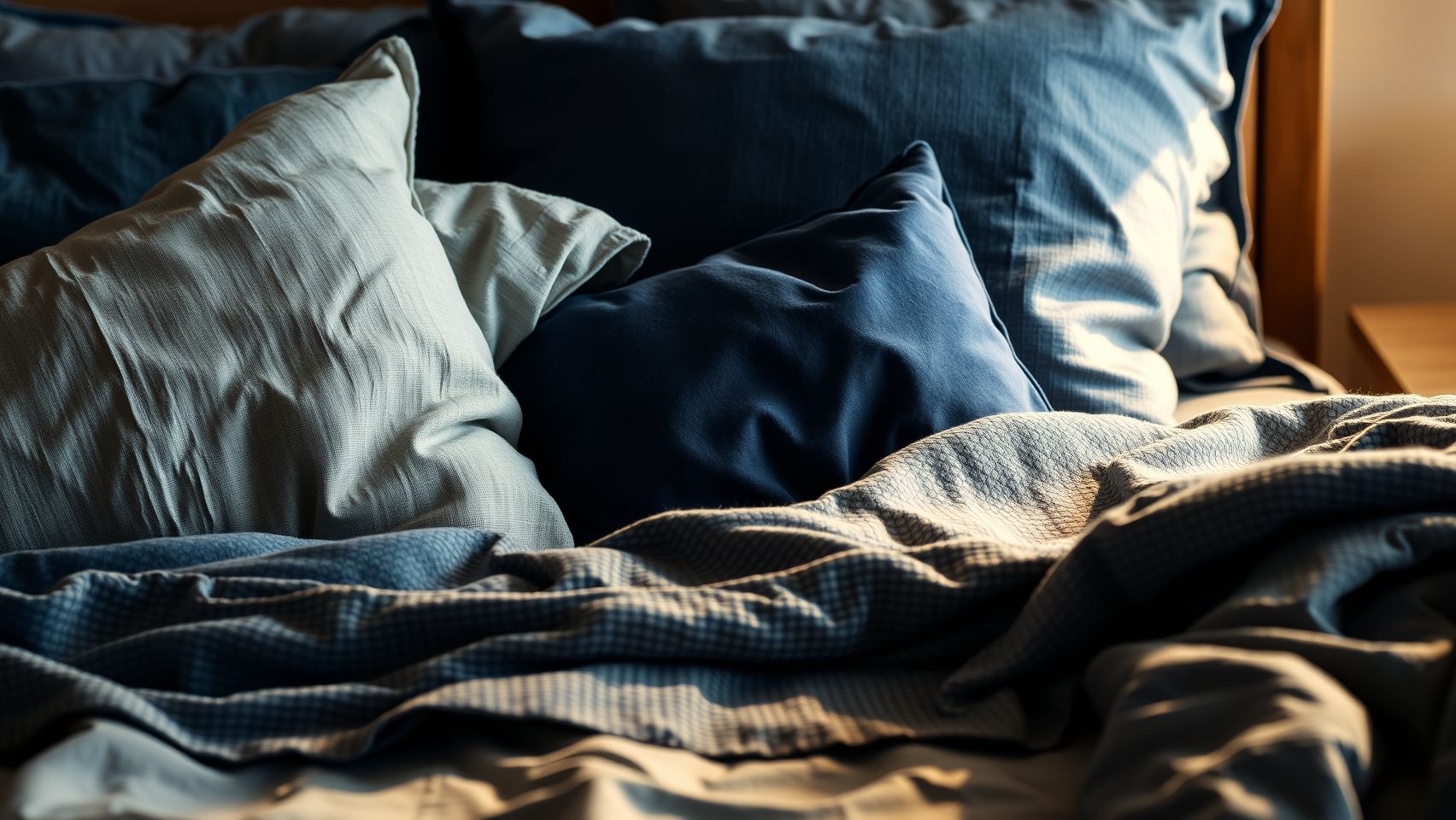 Almofadas e mantas em linho, algodão e lã em tons de azul para decoração de quarto. Texturas aconchegantes para quarto azul.