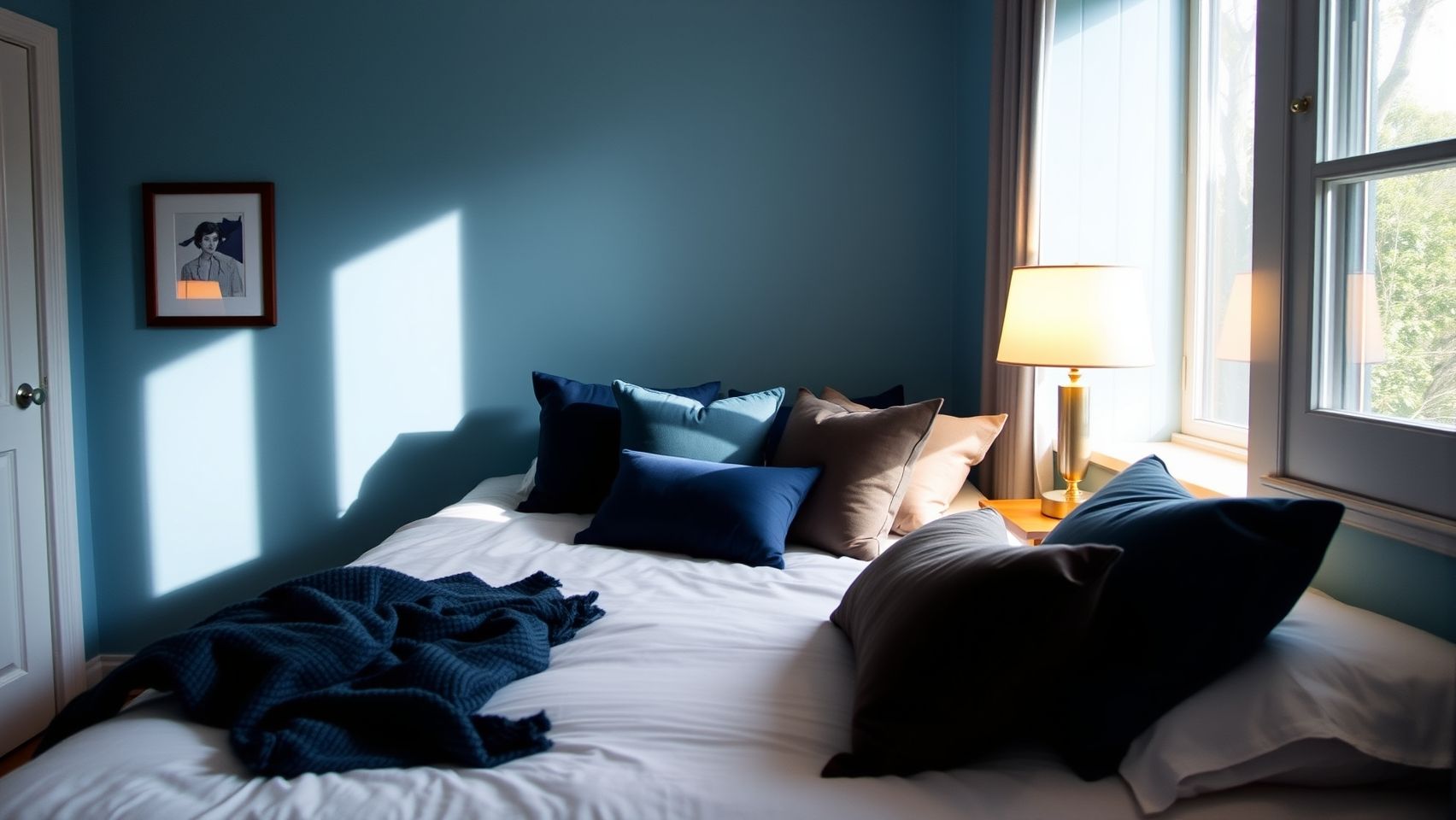 Quarto azul celeste aconchegante com decoração escandinava e iluminação suave. Dicas de decoração de quarto azul para relaxamento.