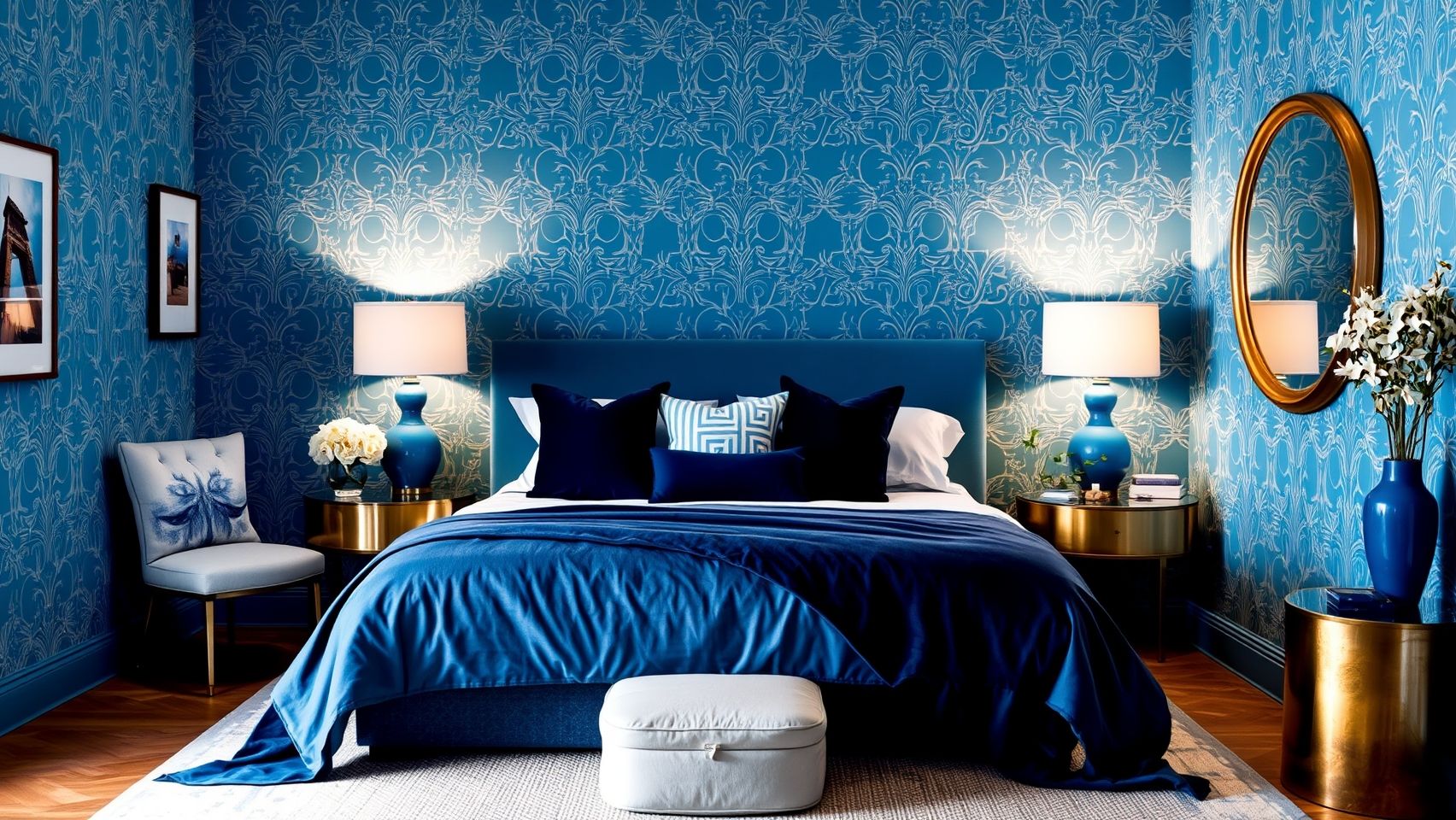 Quarto azul com papel de parede estampado, enxoval azul e objetos decorativos. Ideias criativas para decorar um quarto azul.