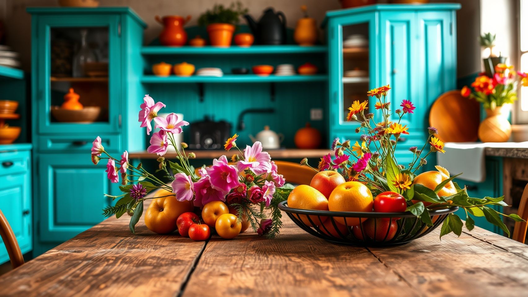 Cozinha boêmia colorida e aconchegante com decoração vibrante e elementos naturais. Dicas de decoração boêmia para cozinha.