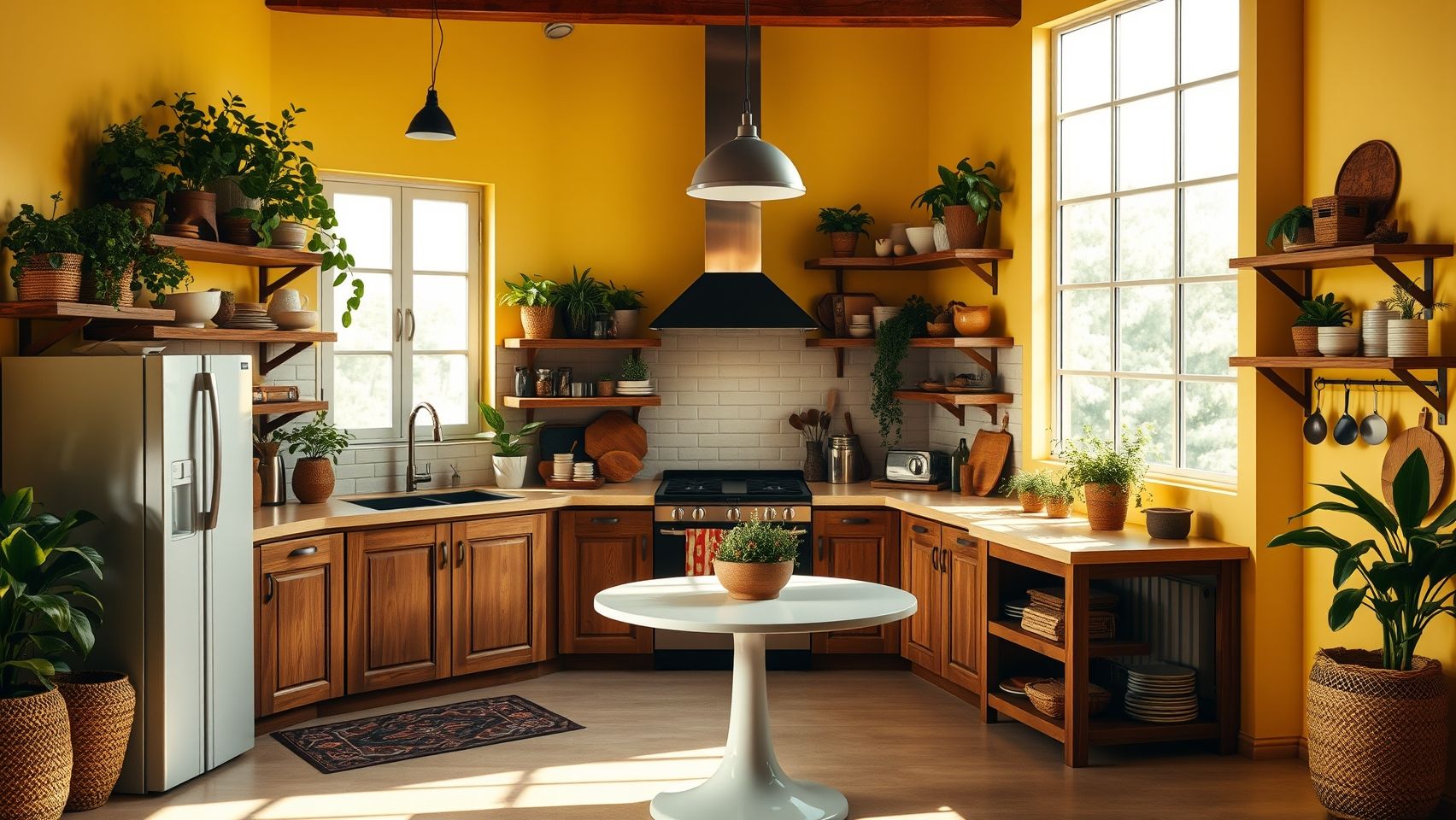 Cozinha com paredes amarelas claras, prateleiras de madeira e mesa redonda. Decoração com amarelo suave.