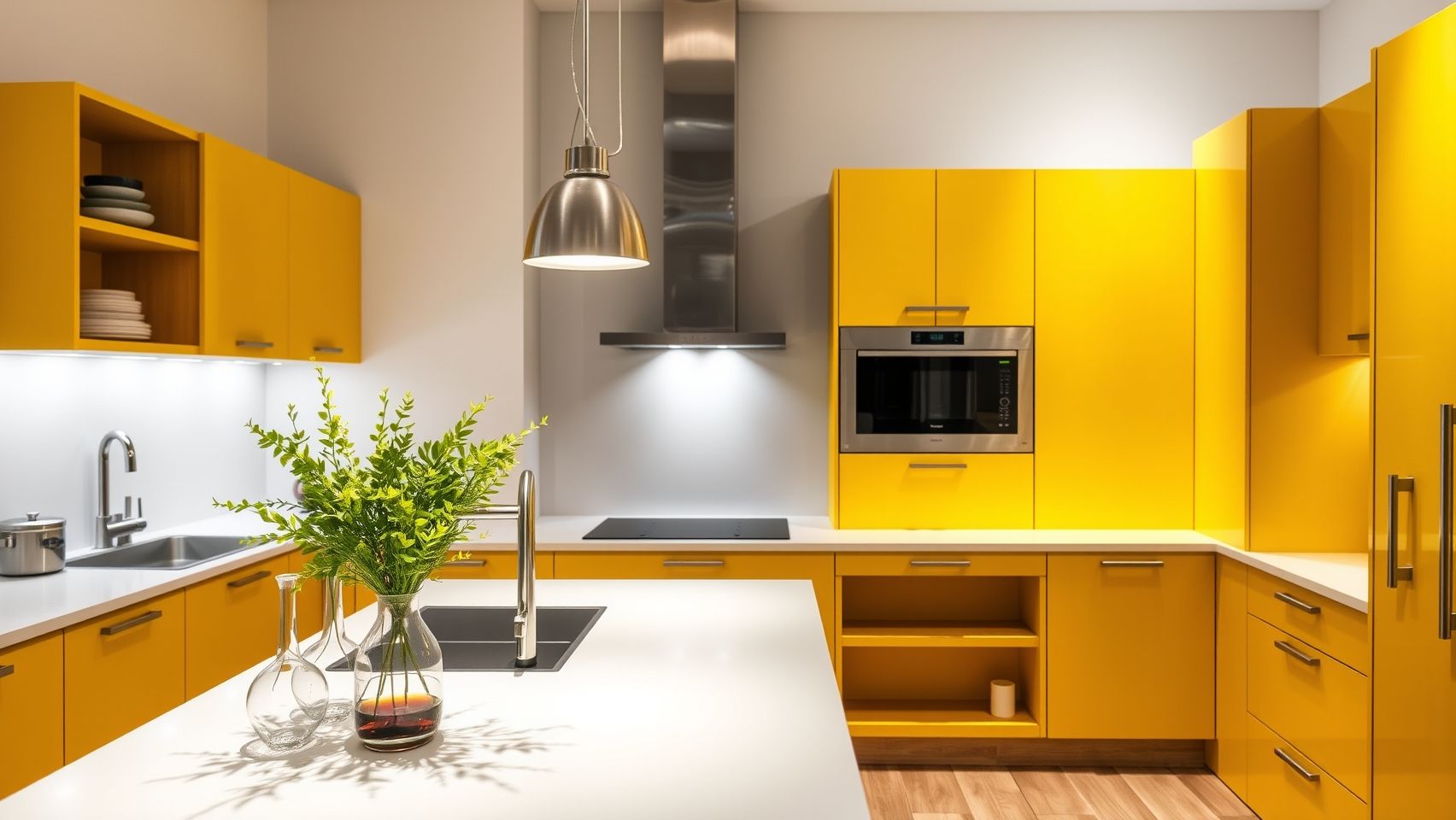 Cozinha amarela moderna com armários vibrantes e bancada de quartzo branco. Inspiração para decoração de cozinhas.