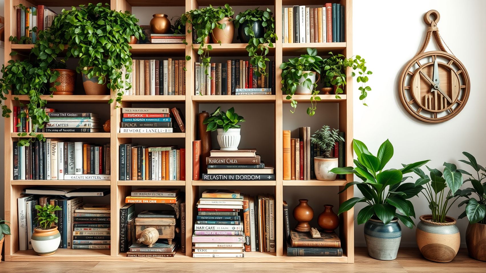Estante boho chic com livros, plantas e objetos decorativos