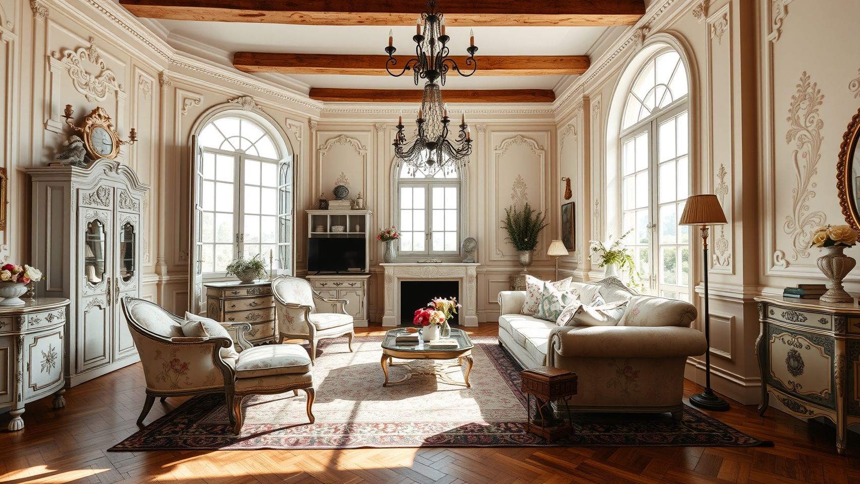 Sala de estar provençal com sofá floral, mesa de madeira envelhecida e decoração romântica. Destaque para a placa 'Lar Doce Lar' em português.
