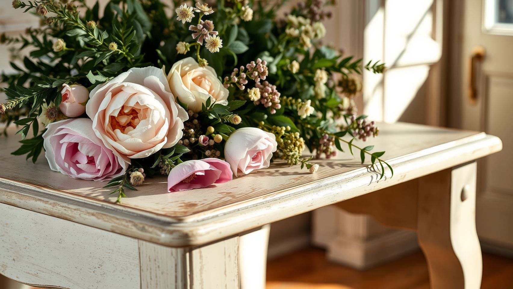 Detalhes da decoração provençal: mesa patinada, arranjo de lavanda e livro antigo. Cartão 'Detalhes Provençais' em português.