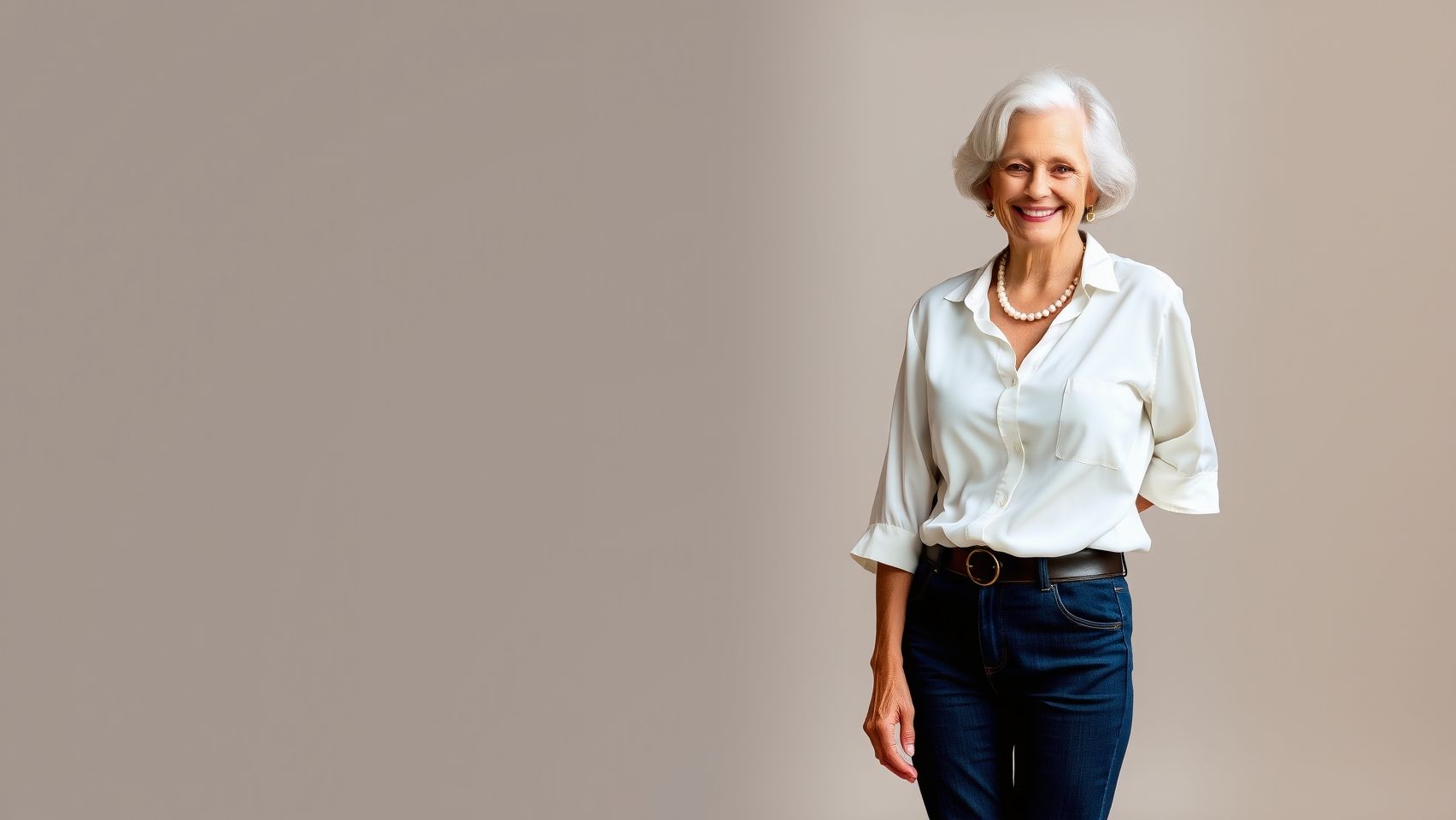 Mulher 60+ elegante e confiante com look casual chique: jeans, blusa de seda e colar de pérolas. Dicas de moda para mulheres maduras.