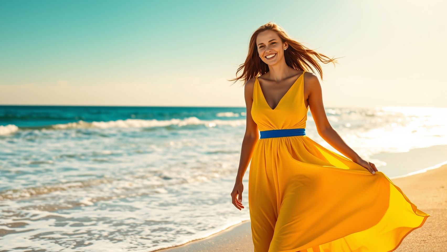 Tendências de moda verão 2026: Vestido amarelo canário vibrante para um look estiloso na praia.