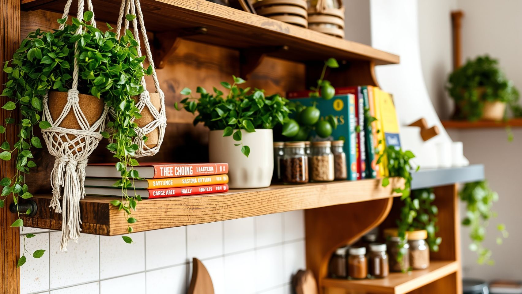Prateleira boêmia decorada com plantas, livros e temperos para cozinha. Decoração boêmia e funcional para cozinha.