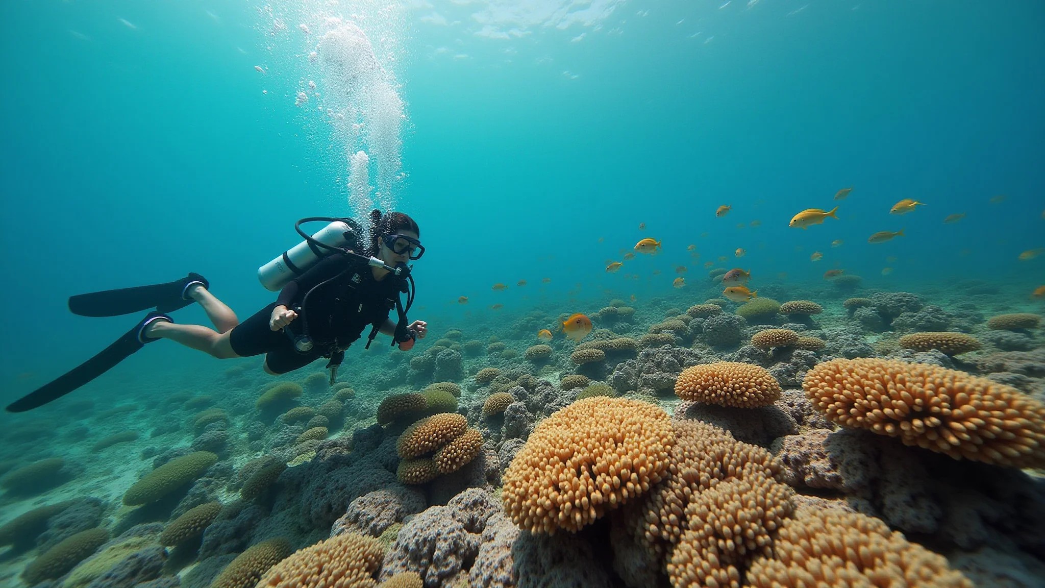 Mergulhadora explorando recife de coral vibrante em Belize, águas cristalinas.