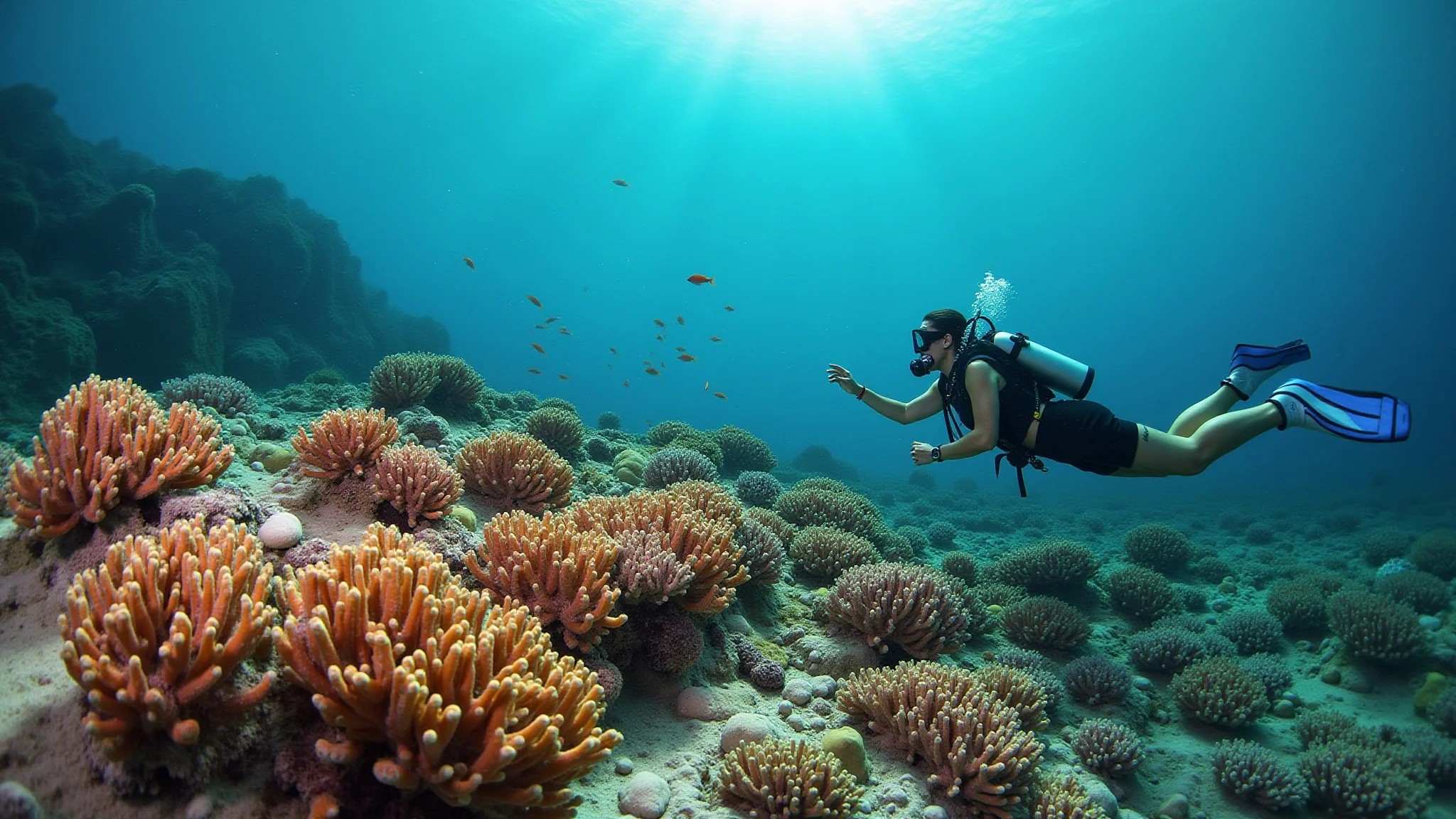 Mergulhadora explorando recife de coral vibrante em Fernando de Noronha, Brasil.