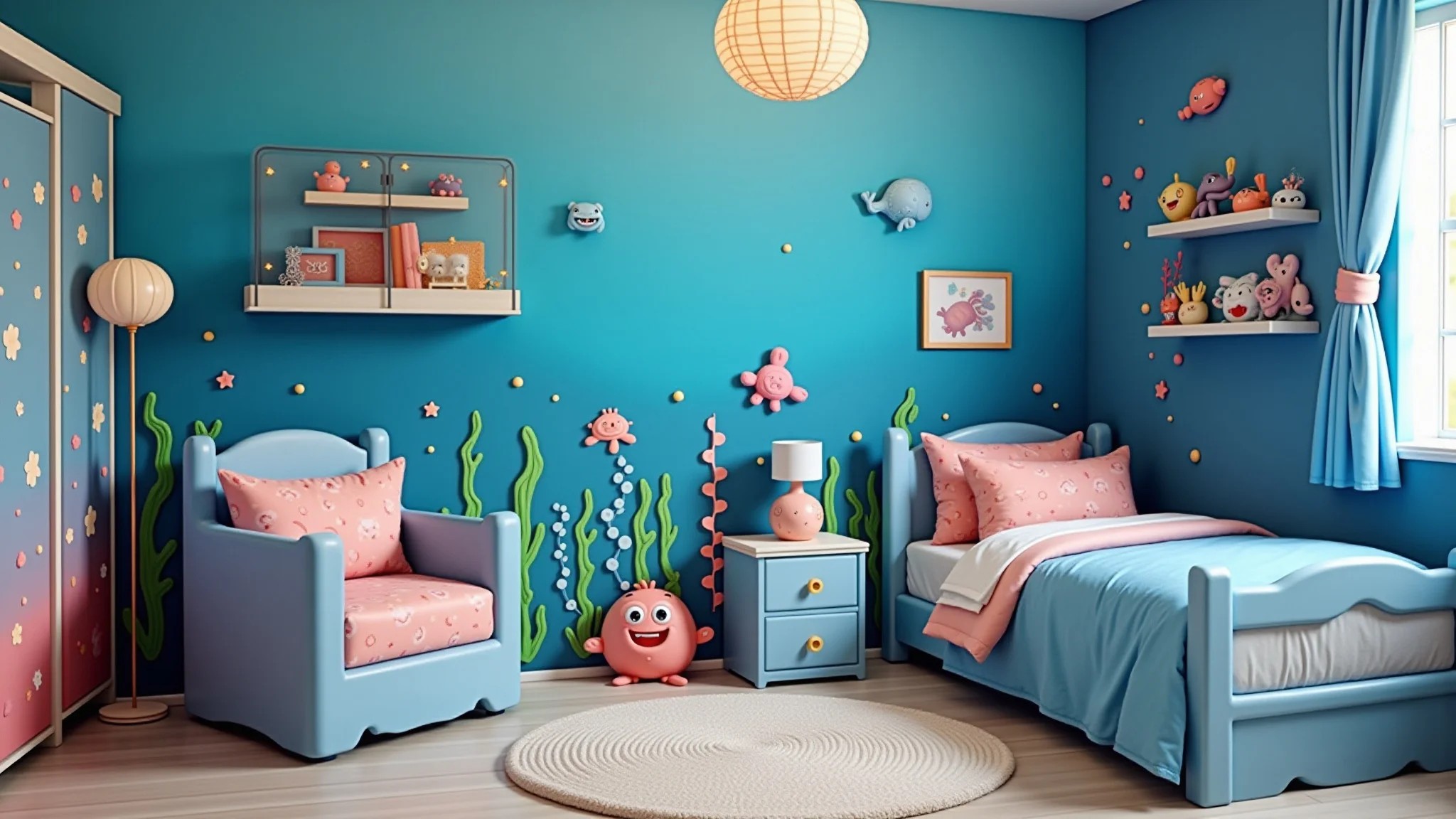 Quarto infantil com tema de fundo do mar, cores azul e coral e decoração de criaturas marinhas.