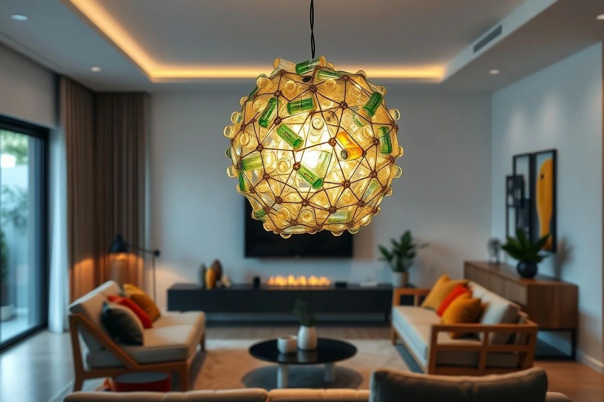 Luminária original feita com fundos de garrafa PET em sala de estar brasileira.