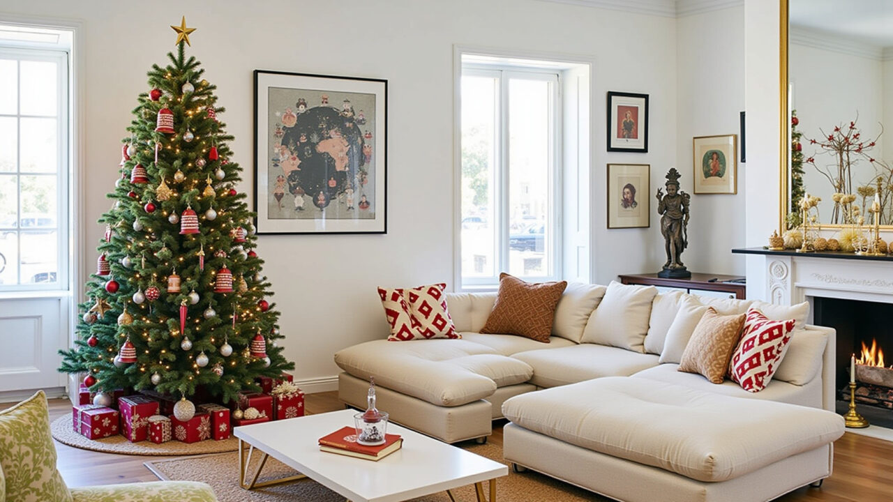 Decoração de Natal com tema de viagens e souvenirs.