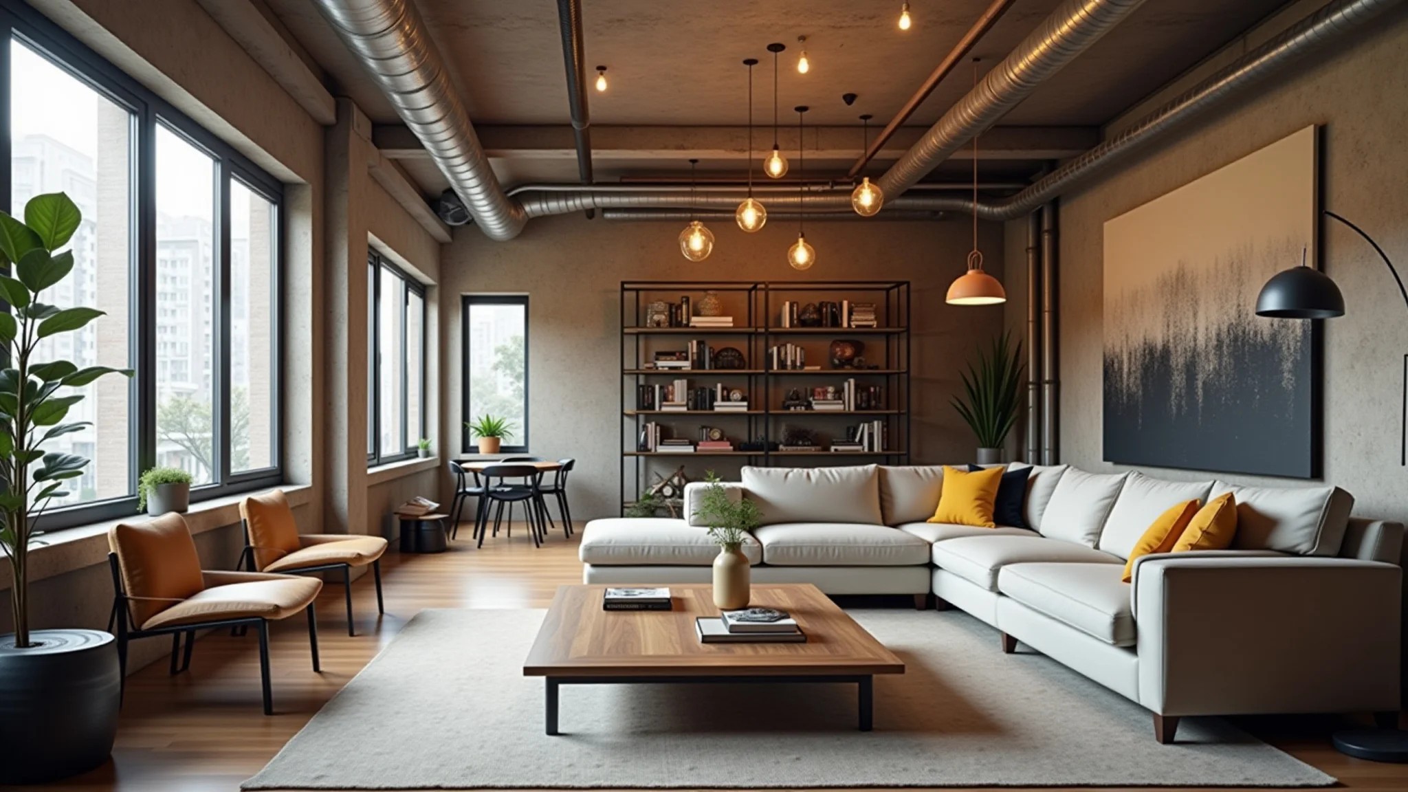 Loft urbano com tubulações expostas, lâmpadas Edison e mesa de centro de madeira rústica.
