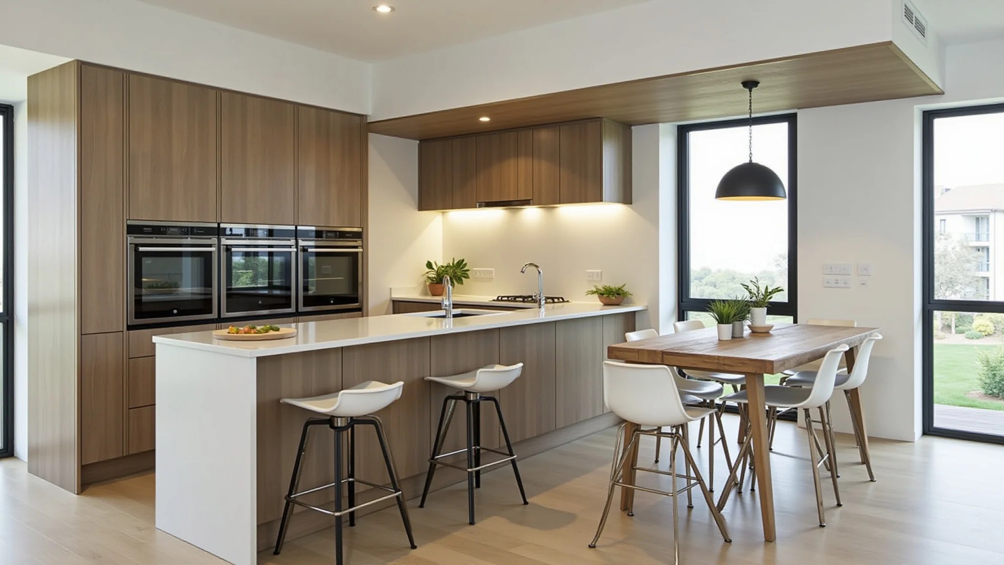 Cozinha pequena em U, soluções de armazenamento eficientes, iluminação interna brilhante.