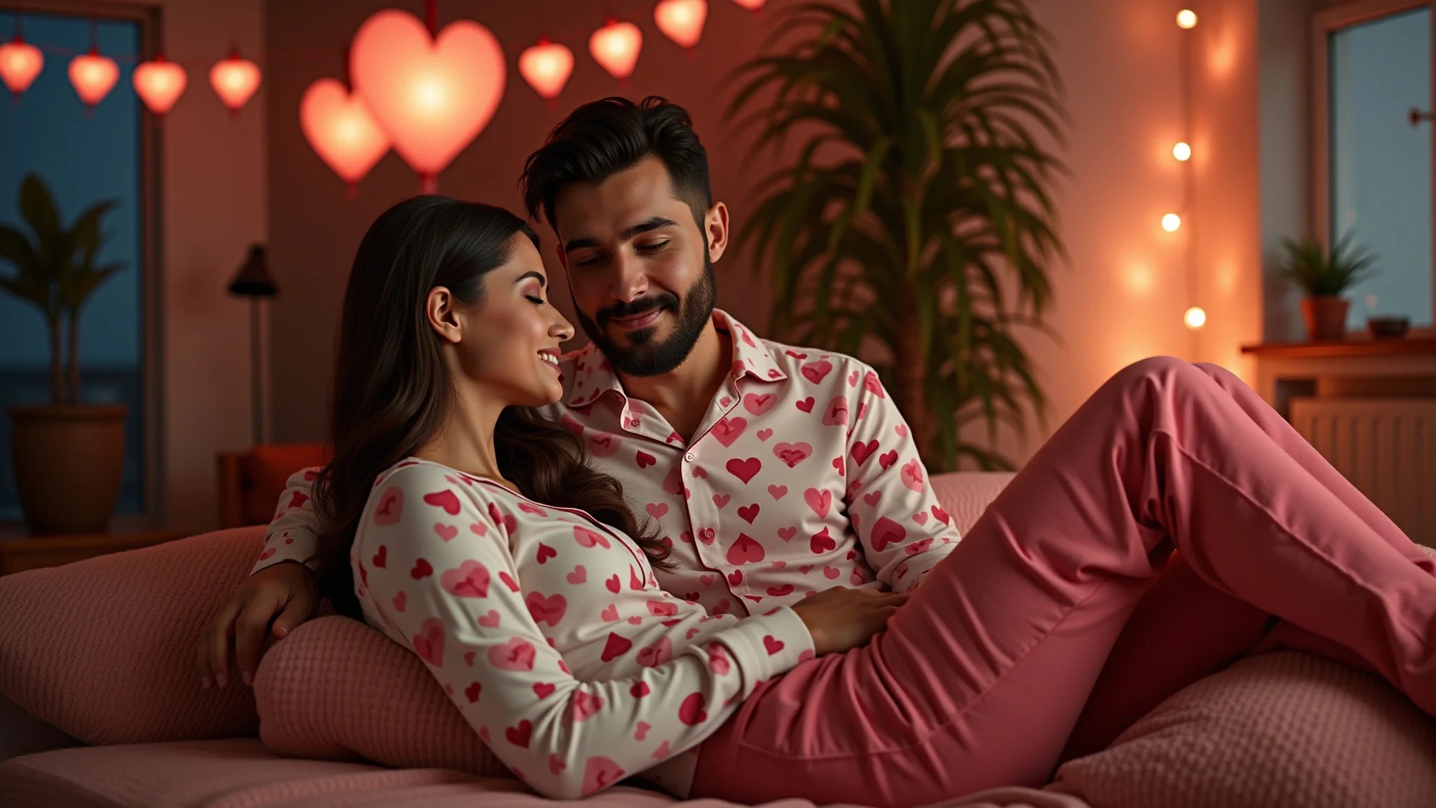 Noite romântica em casa. Casal de pijama em sala aconchegante.