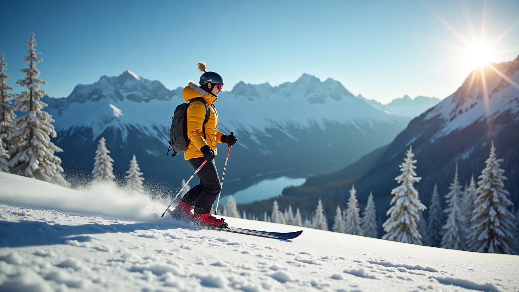 Mulher esquiando em Vancouver no inverno, montanhas e neve.