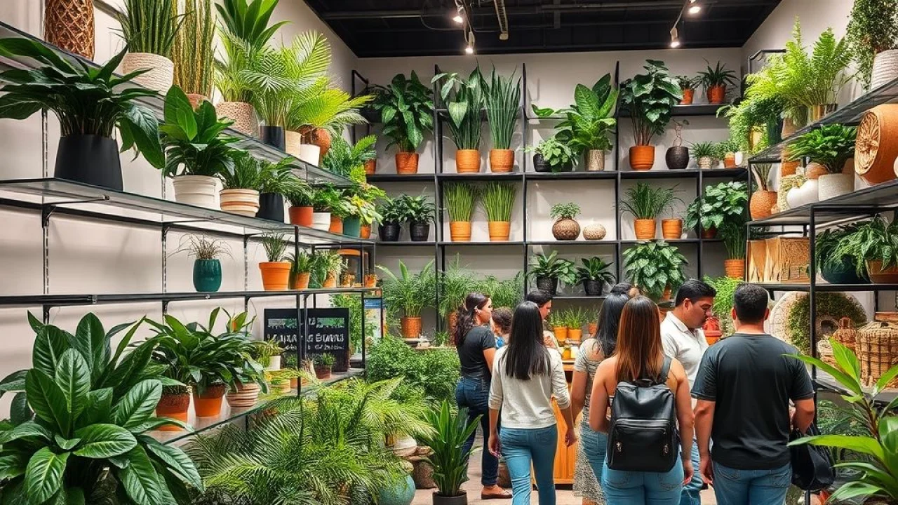 Variedade de plantas artificiais em loja de decoração em São Paulo.