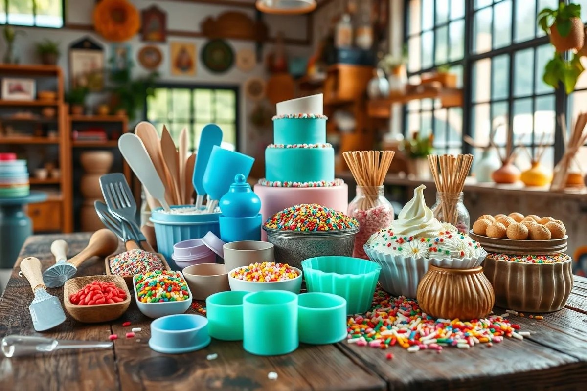 Materiais de decoração para bolo temático, cores vibrantes e inspiração.