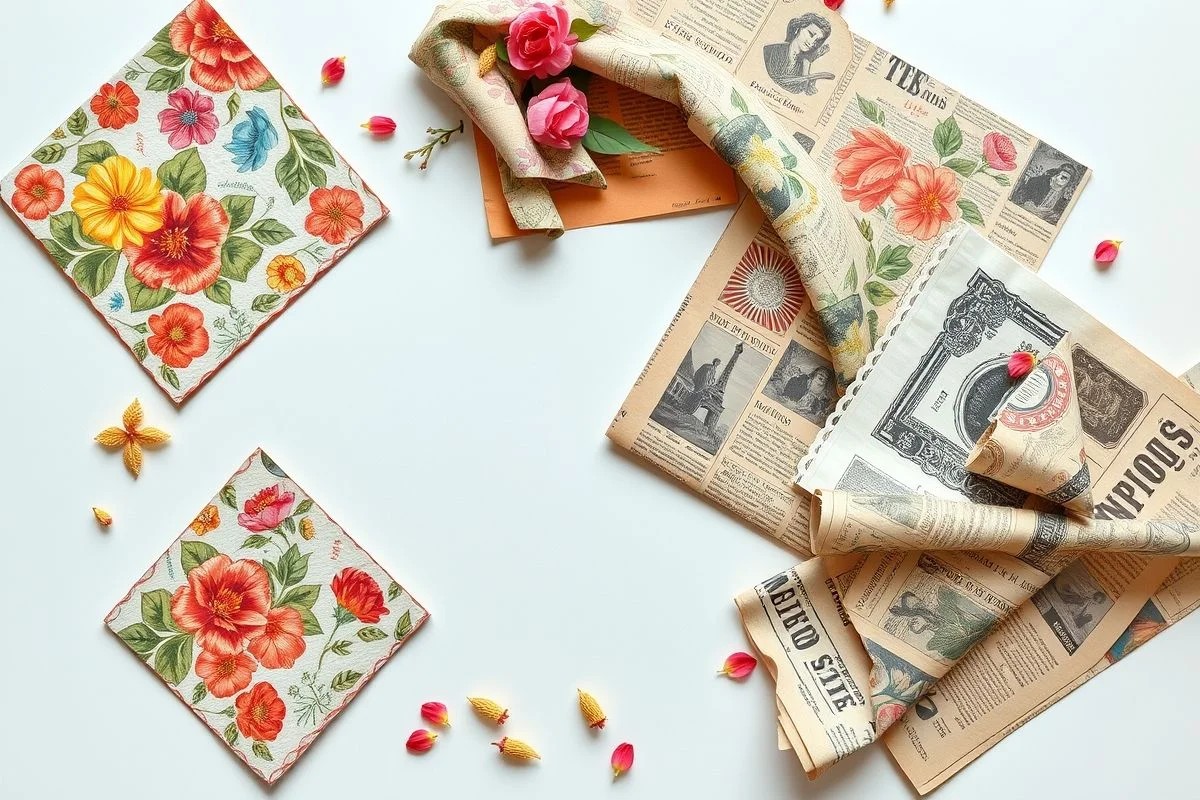 Diversos papéis para decoupage: guardanapos, papel específico, jornal e arroz.