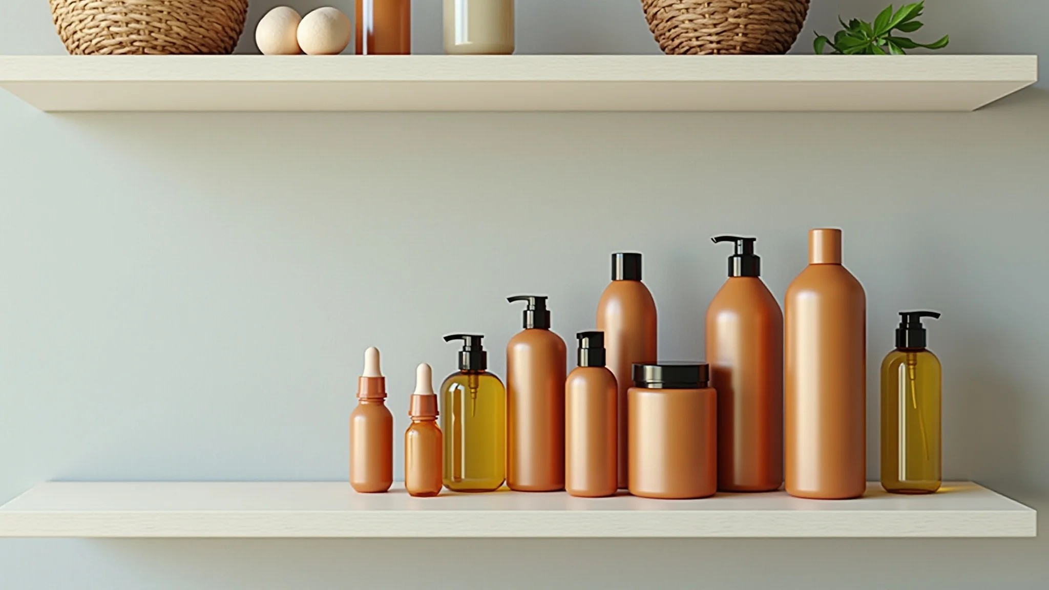 Variedade de produtos para cabelo ressecado em uma prateleira. Shampoo, condicionador, óleos.