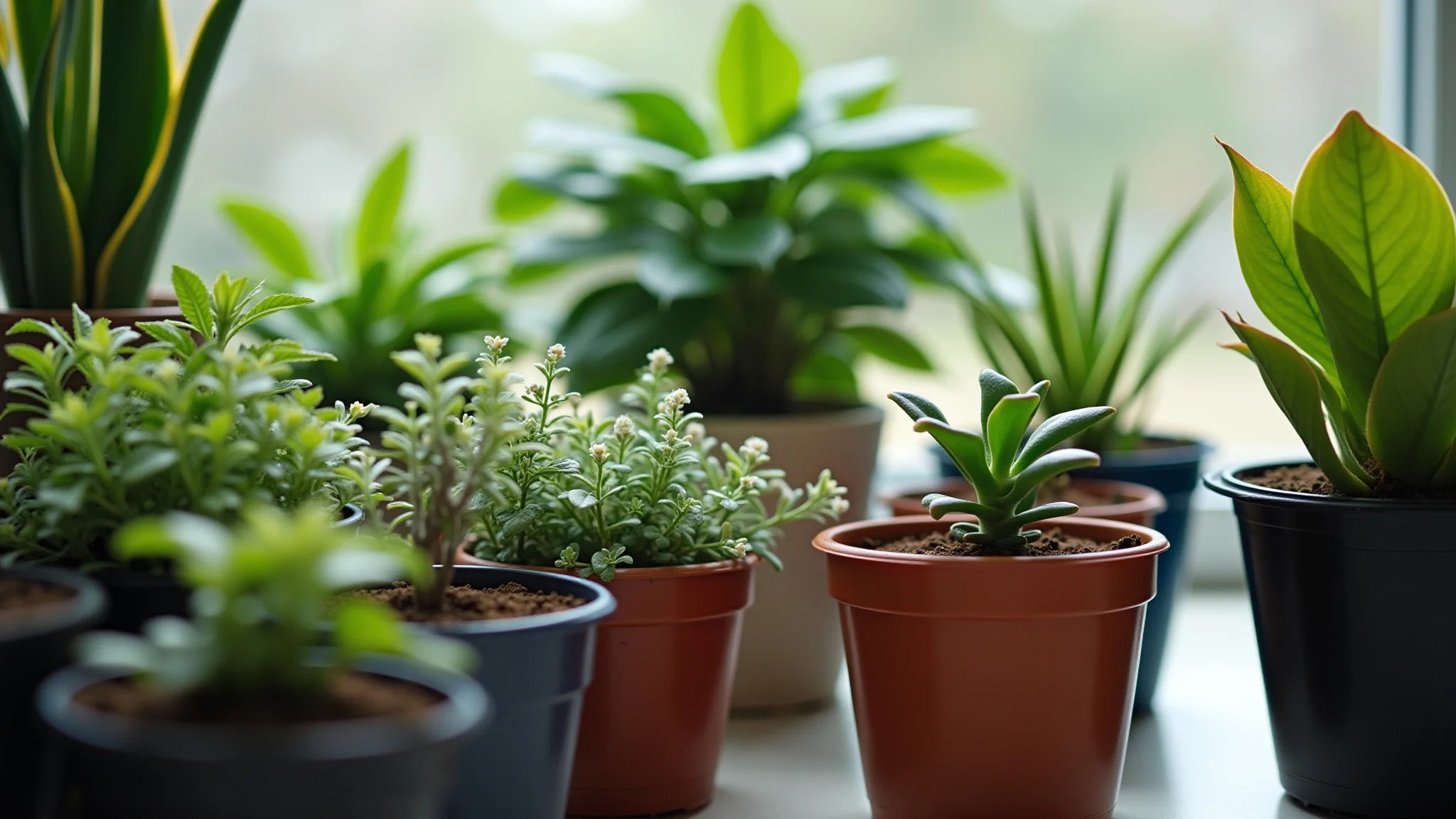 Variedade de plantas em vasos, mostrando a importância da drenagem.