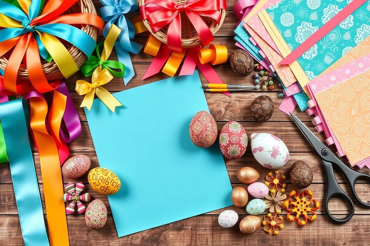 Materiais coloridos para decorar cesta de Páscoa: fitas, papéis, ovos e artesanato
