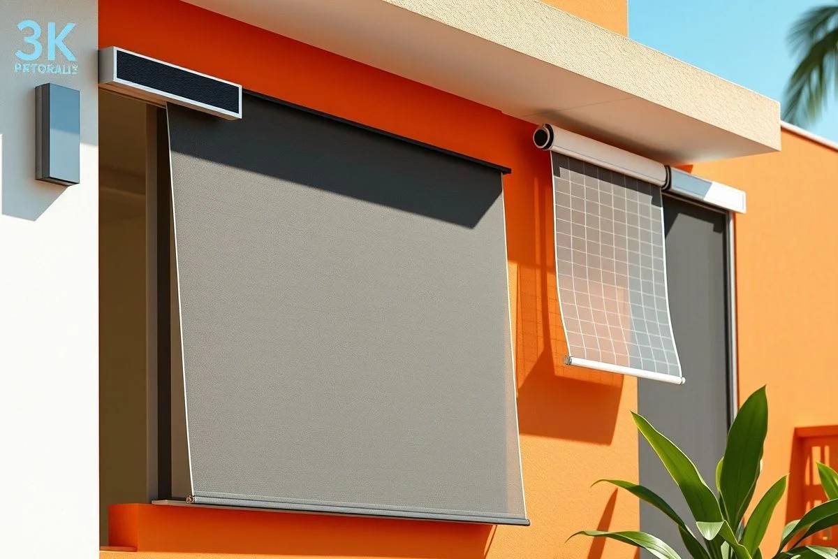Diferentes tipos de telas mosquiteiro (enrolar, correr, velcro) exibidas em fachada de casa.