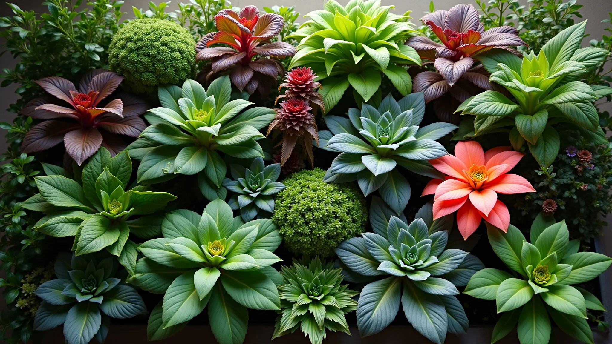 Variedade de plantas em jardim vertical, estilo Farm Rio, cores e texturas.