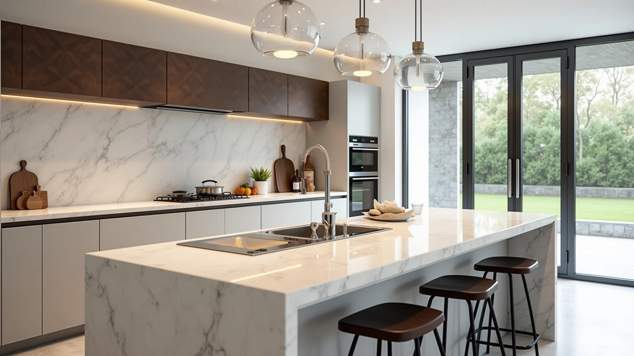 Cozinha brasileira com bancada de porcelanato imitando mármore, madeira e granito.