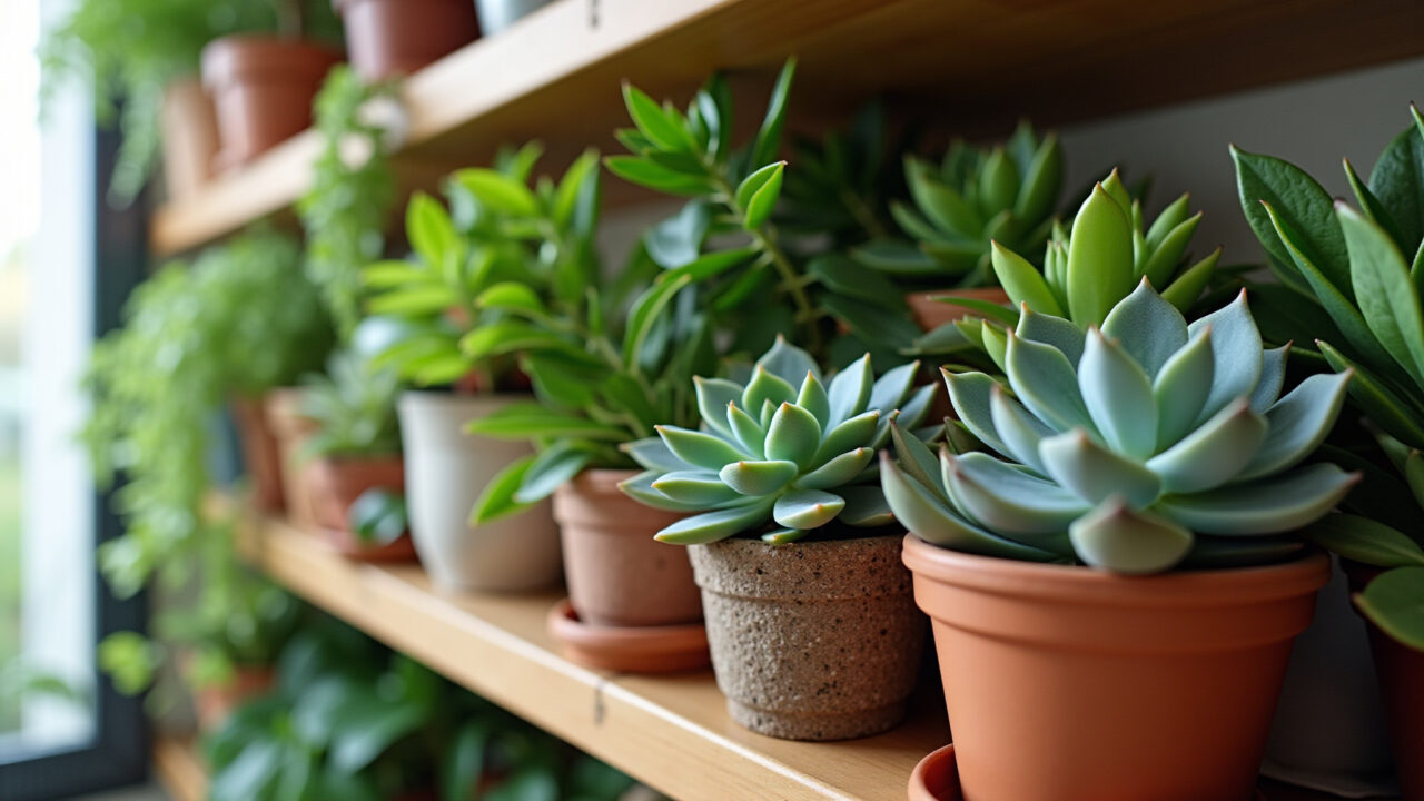 Arranjo criativo de plantas em vasos.