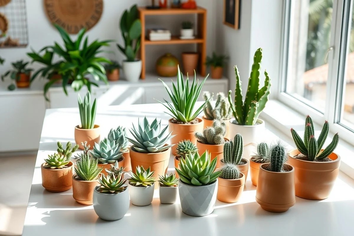 Suculentas e cactos decorando home office com luz natural.