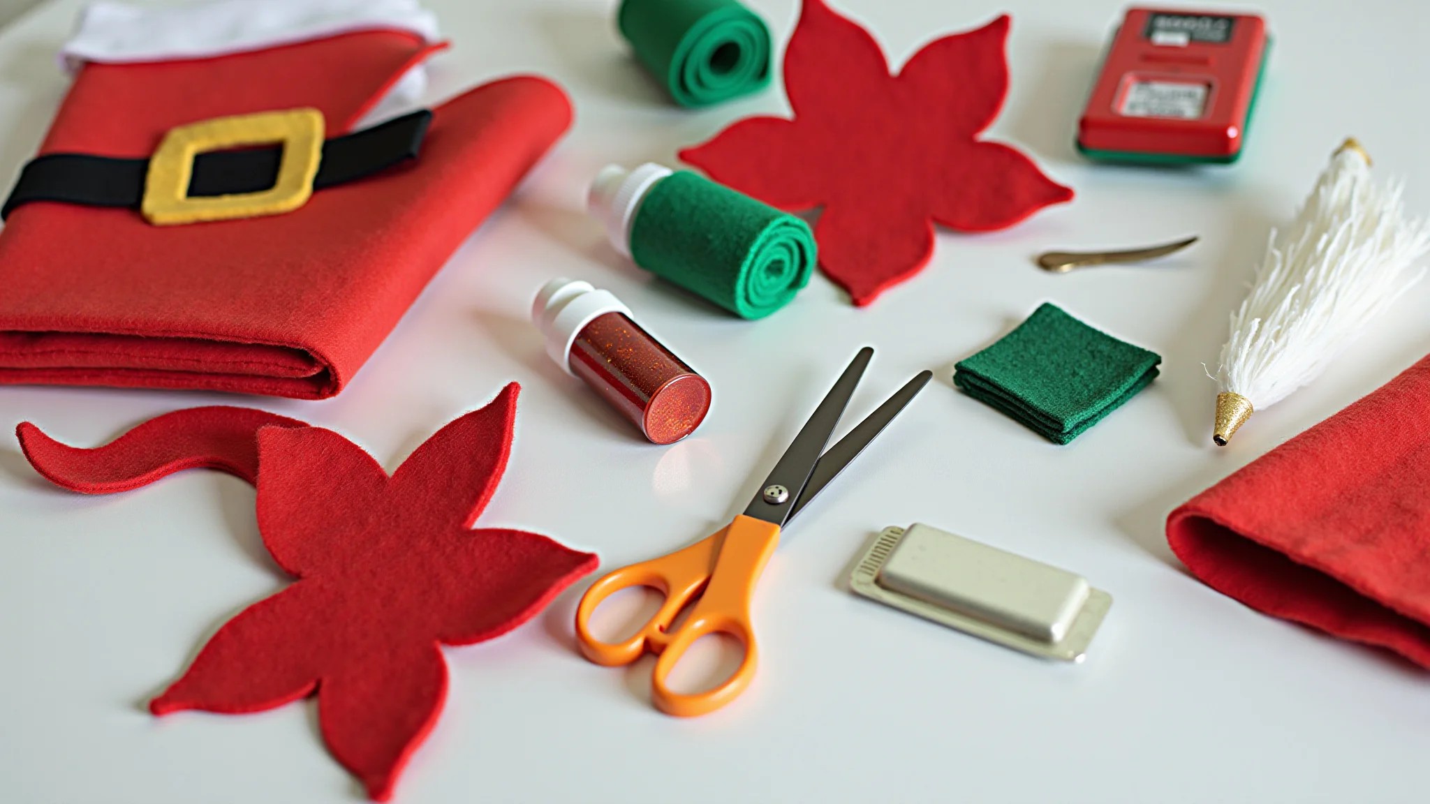Materiais para artesanato de Natal: feltro, cola, tesoura, glitter.