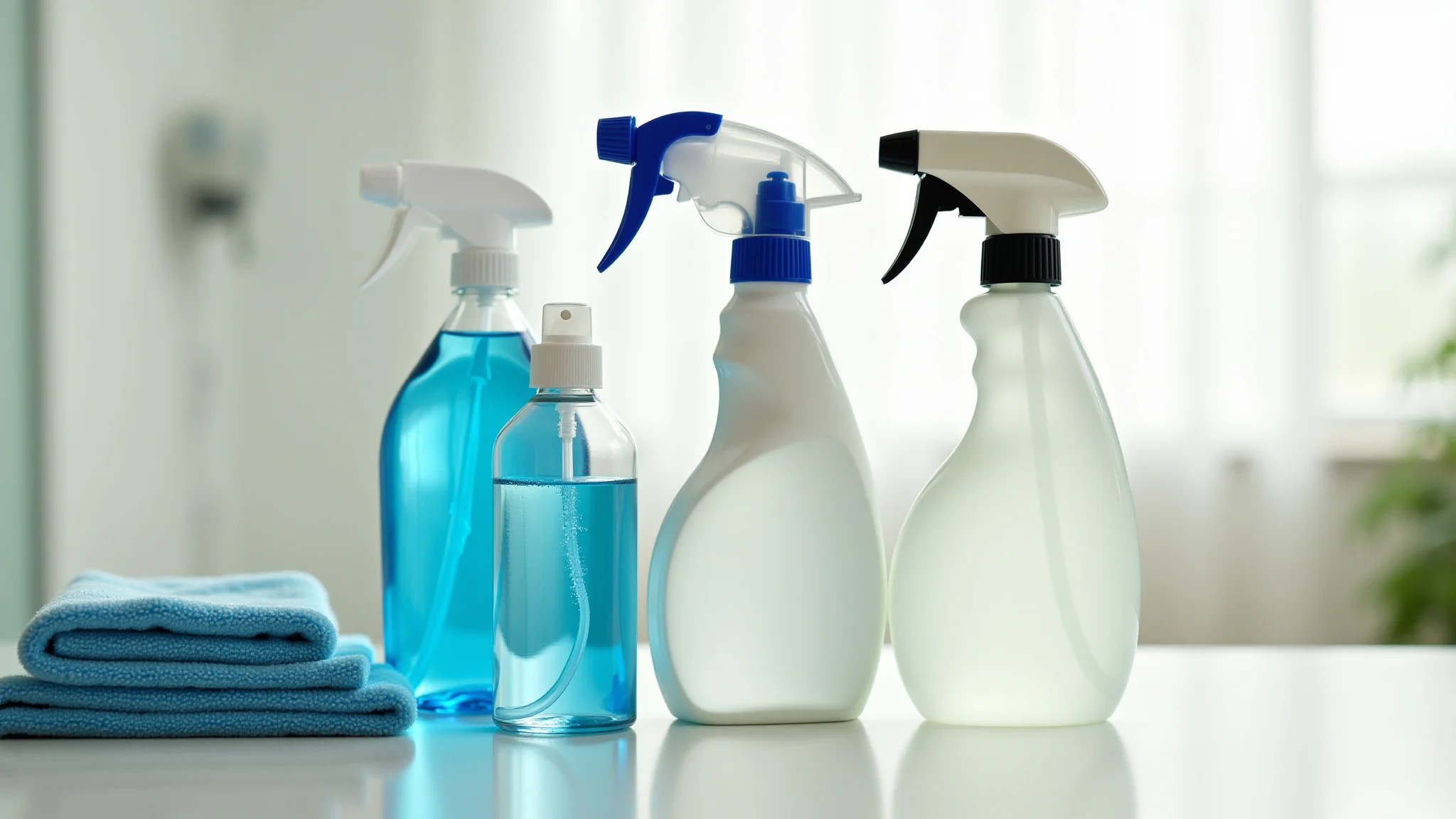 Produtos de limpeza eficazes para box de vidro, incluindo sprays e panos de microfibra.