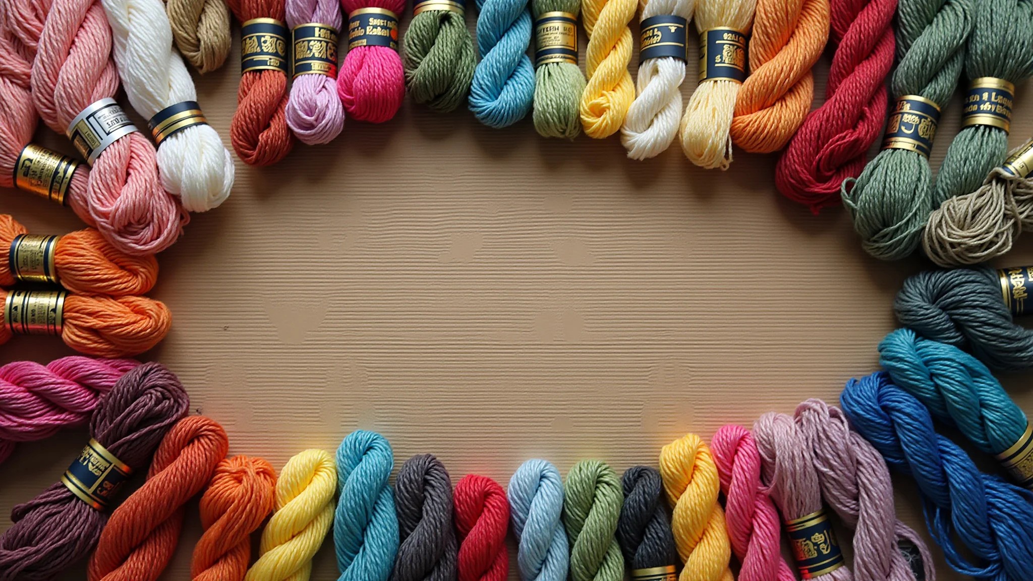 Linhas de bordado coloridas e ferramentas organizadas em mesa de madeira.