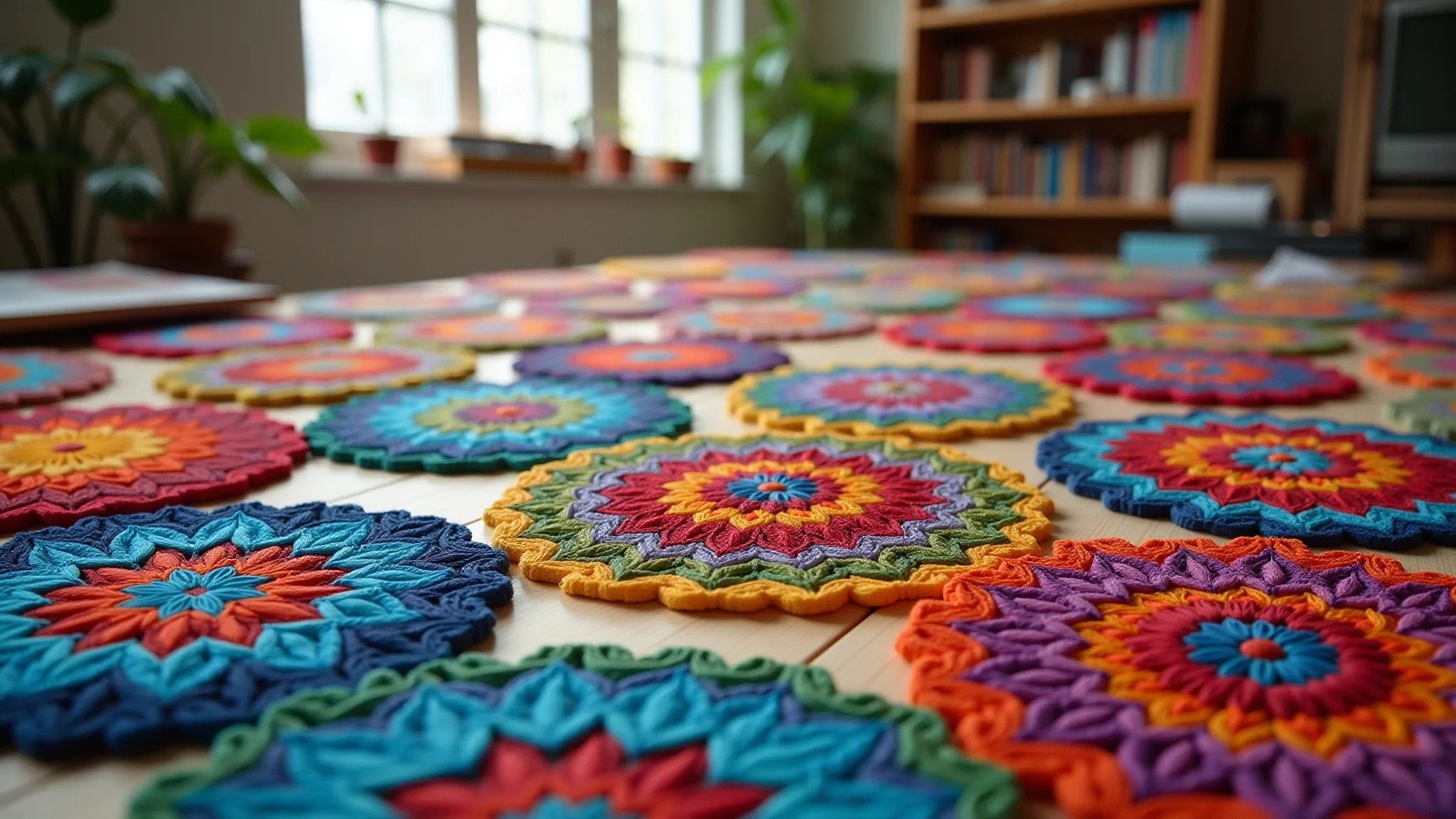 Várias mandalas artesanais coloridas em exposição em um estúdio de arte.