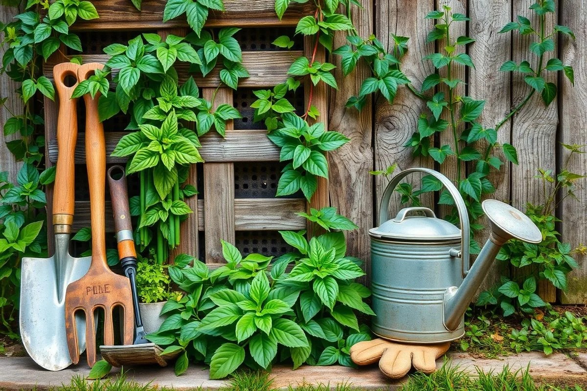 Ferramentas de jardinagem ao lado de treliça com plantas em quintal brasileiro.