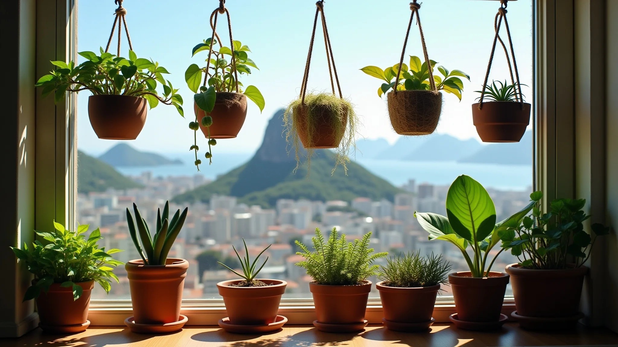 Várias kokedamas com plantas diferentes penduradas em varanda com vista para o Rio.