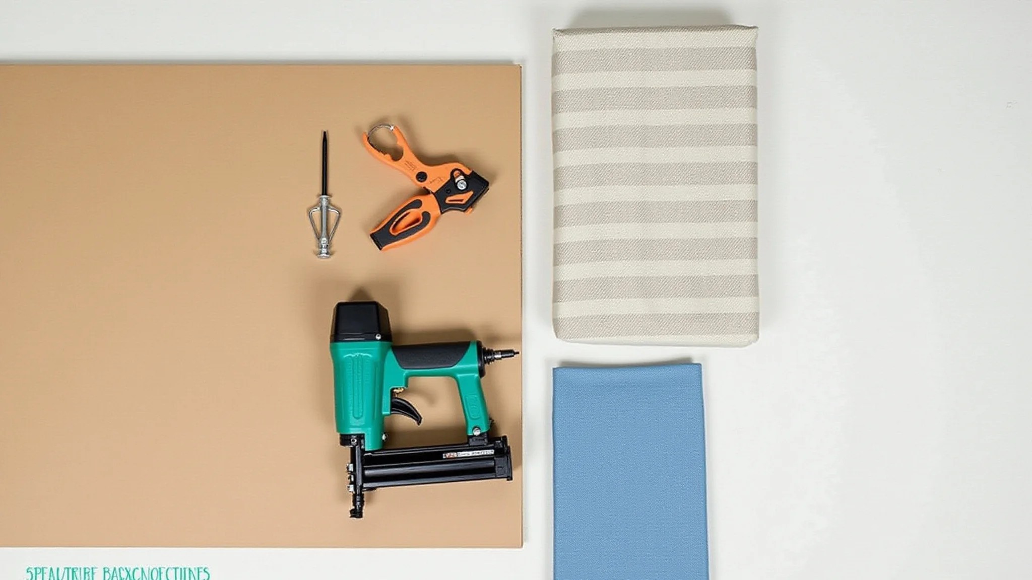 Ferramentas e materiais para cabeceira estofada DIY, MDF, tecido, grampeador.