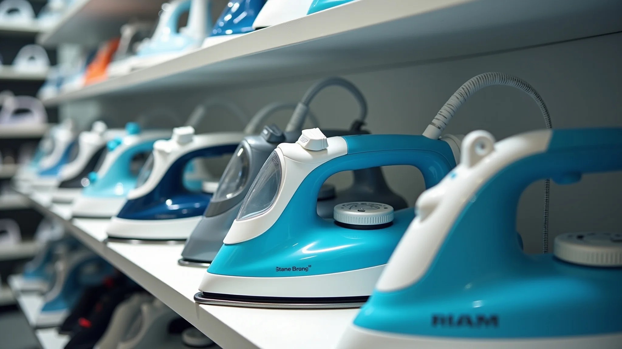 Diversos modelos de ferros de passar a vapor modernos em prateleira.